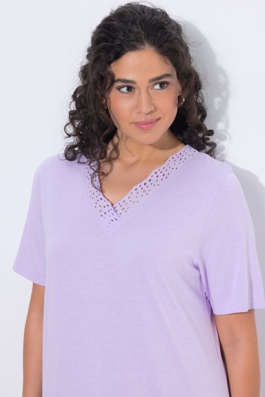 Eyelet Trim V-Neck Super Soft Cotton Blend Nightgown