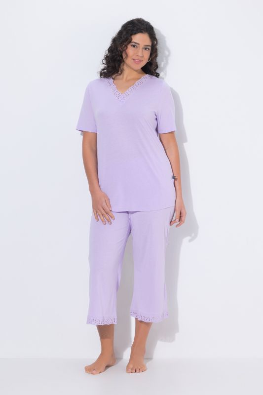 Eyelet Trim V-Neck Super Soft Cotton Blend Pajama Set