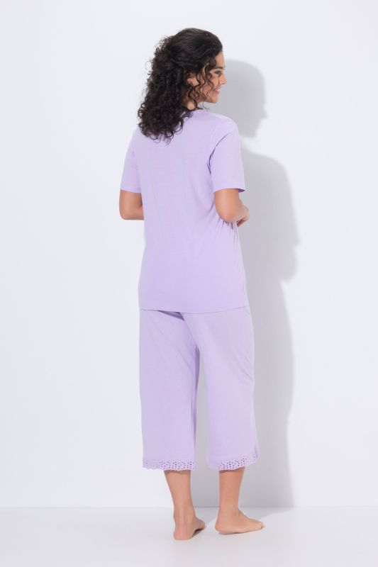 Eyelet Trim V-Neck Super Soft Cotton Blend Pajama Set