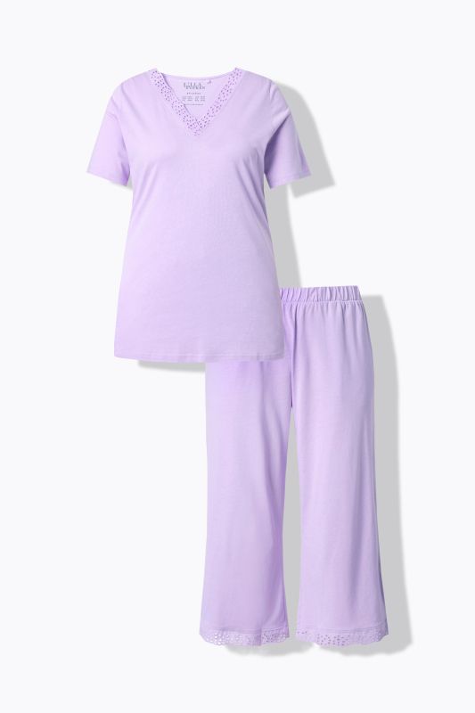 Eyelet Trim V-Neck Super Soft Cotton Blend Pajama Set