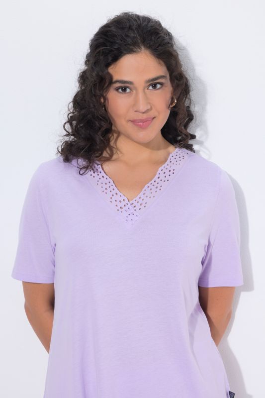 Eyelet Trim V-Neck Super Soft Cotton Blend Pajama Set