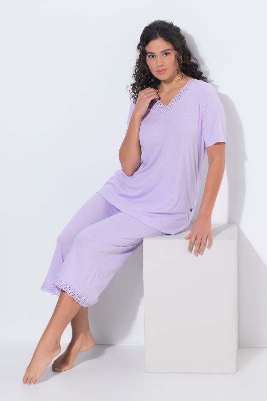 Eyelet Trim V-Neck Super Soft Cotton Blend Pajama Set