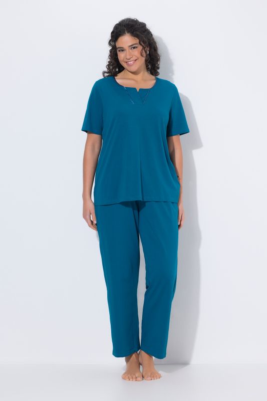 Satin Piped Notch Neck Cotton Knit Pajama Set