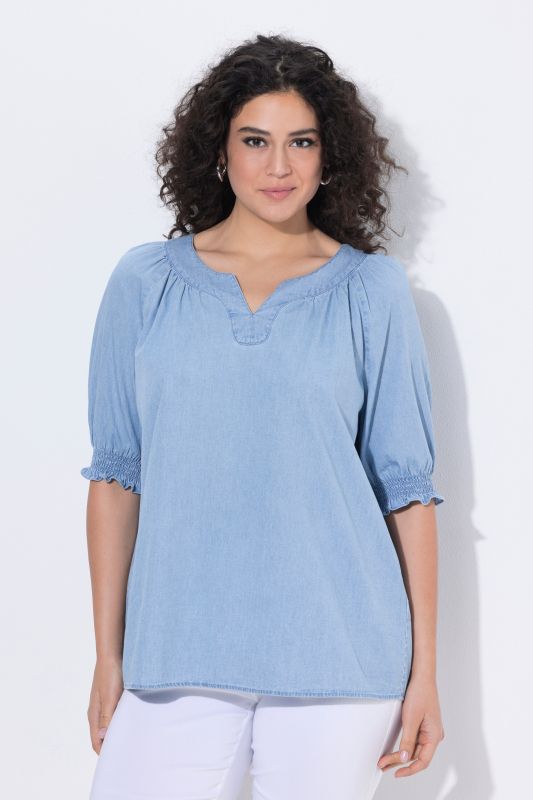 Denim Look Short Sleeve Ruffle Blouse