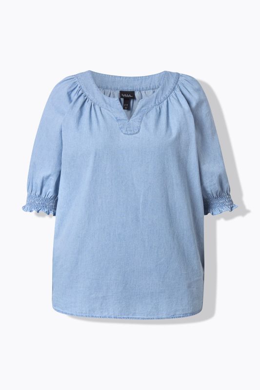 Denim Look Short Sleeve Ruffle Blouse