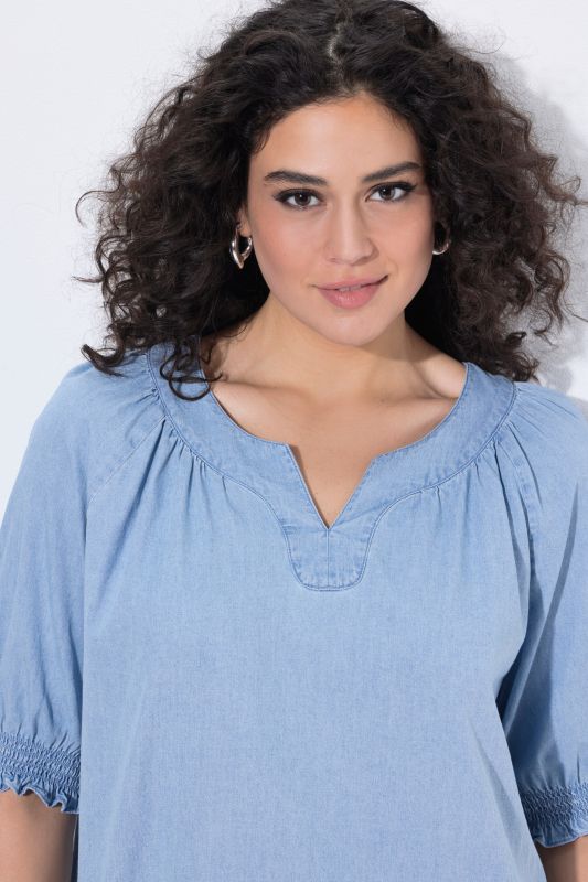 Denim Look Short Sleeve Ruffle Blouse