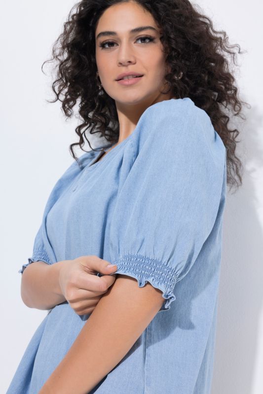 Denim Look Short Sleeve Ruffle Blouse