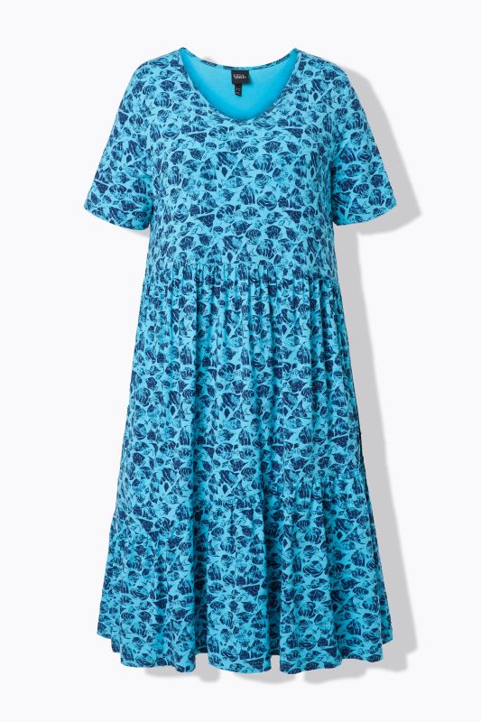 Leaf Print Short Sleeve Asymmetric Flounce Panel Dress