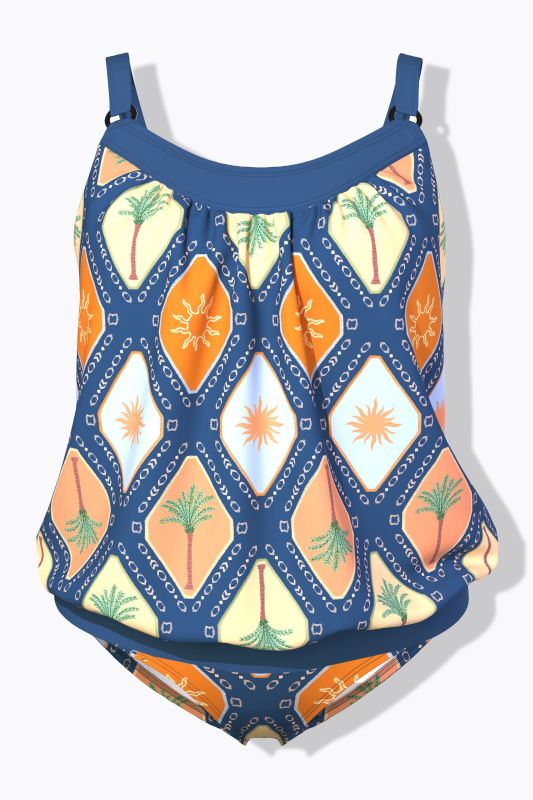 Tropical Tile Elastic Hem Tankini Set