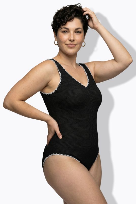 Textured Contrast Trim Cupless Swimsuit