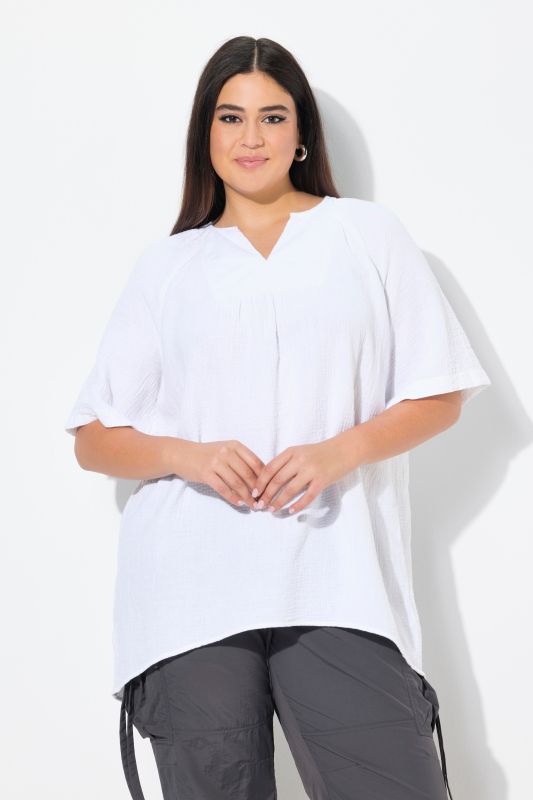Short Sleeve Split Neck Muslin Blouse