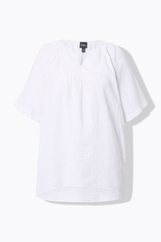 Short Sleeve Split Neck Muslin Blouse