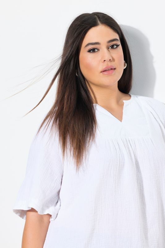 Short Sleeve Split Neck Muslin Blouse