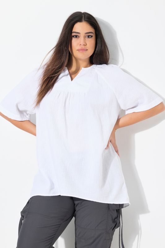 Short Sleeve Split Neck Muslin Blouse