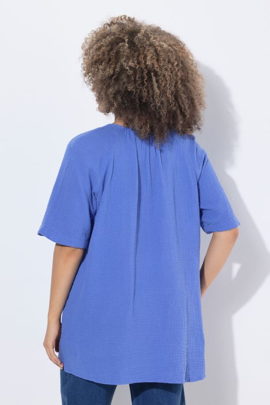 Short Sleeve Split Neck Muslin Blouse