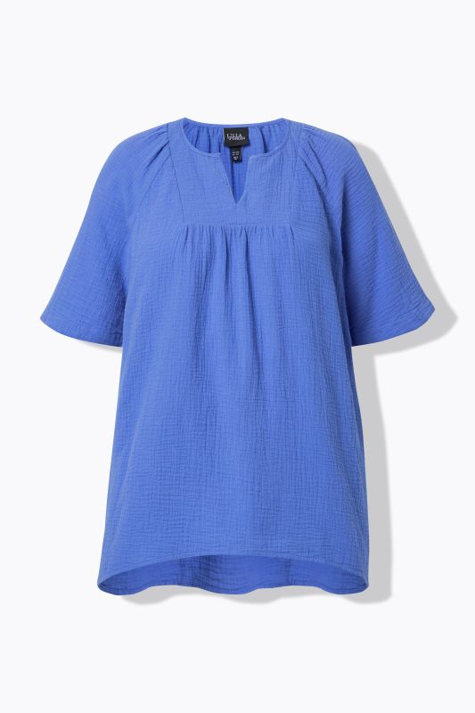 Short Sleeve Split Neck Muslin Blouse