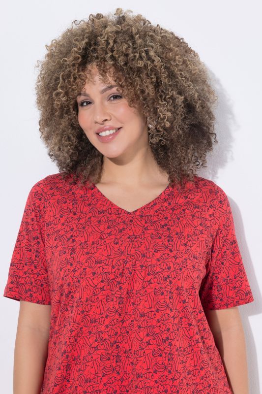 Geometric Fish Print Short Sleeve V-Neck Tee