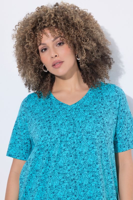 Geometric Fish Print Short Sleeve V-Neck Tee