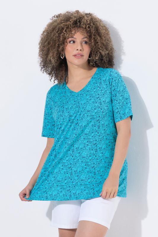 Geometric Fish Print Short Sleeve V-Neck Tee