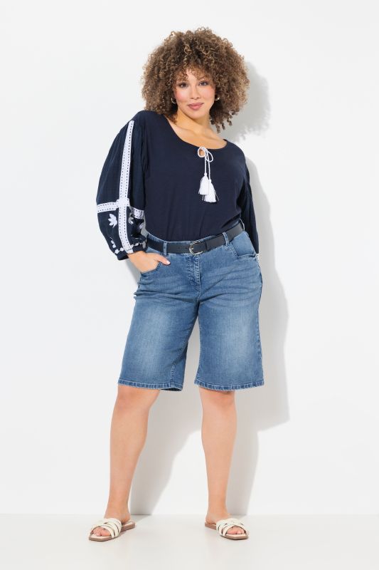 Denim Wide Leg Elastic Waist Bermuda Shorts