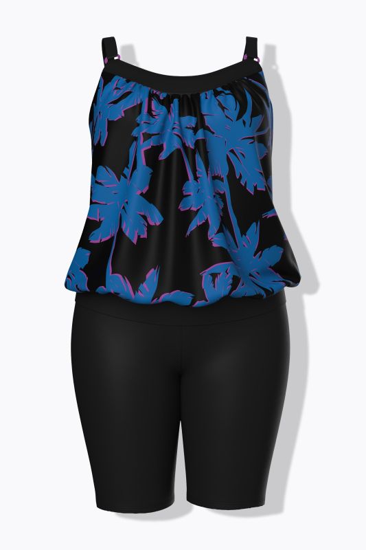 Midnight Palm Elastic Hem Tankini Set