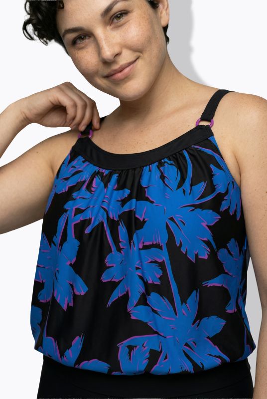 Midnight Palm Elastic Hem Tankini Set