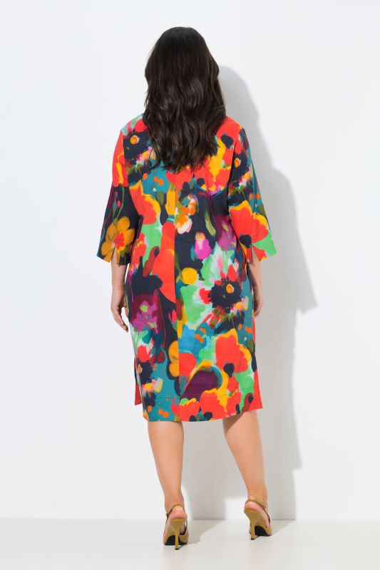 Bright Floral Linen Blend Midi Dress