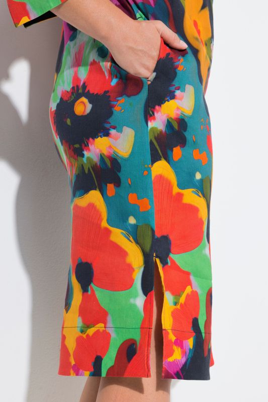 Bright Floral Linen Blend Midi Dress