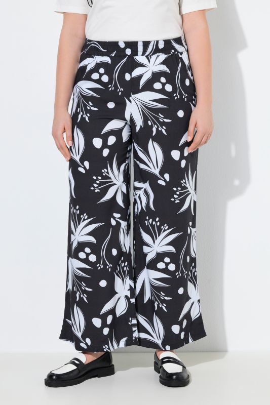 Monochrome Floral Print Elastic Waist Pants