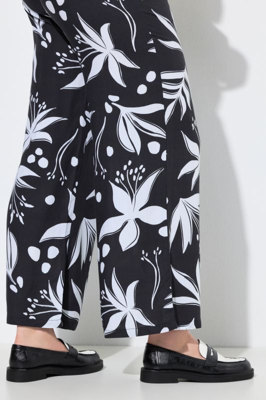 Monochrome Floral Print Elastic Waist Pants