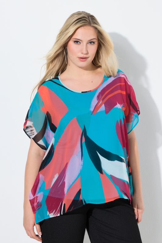 Brushstroke Print Layered Chiffon Blouse