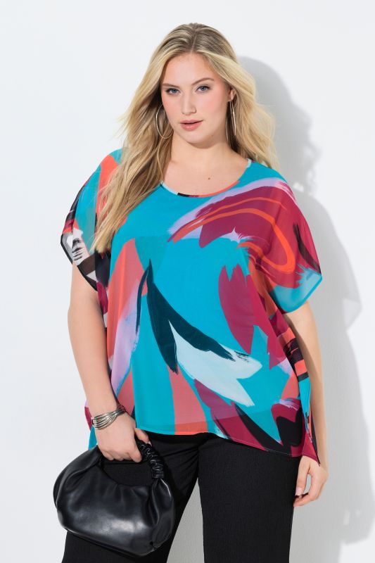 Brushstroke Print Layered Chiffon Blouse