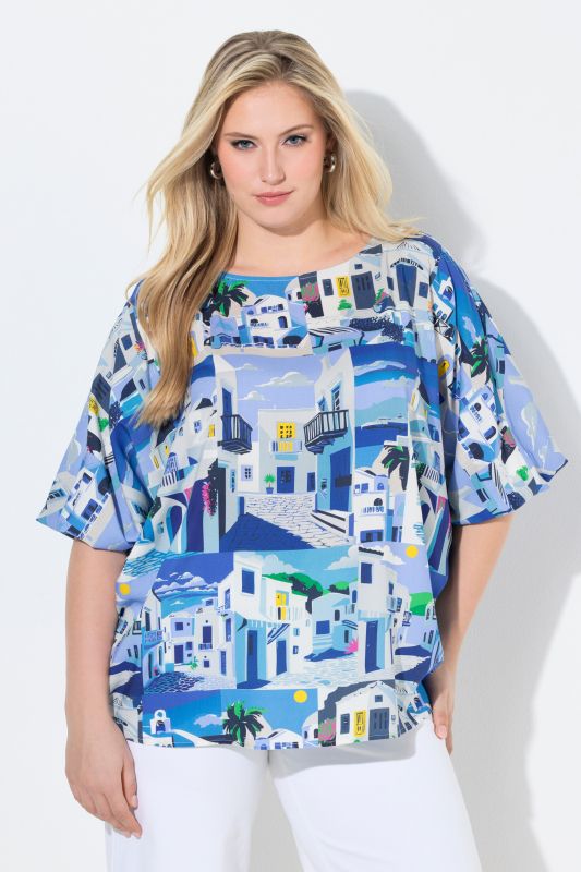 Santorini Print Boat Neck Blouse