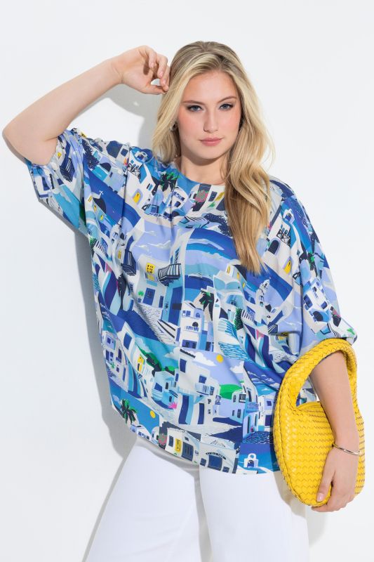 Santorini Print Boat Neck Blouse