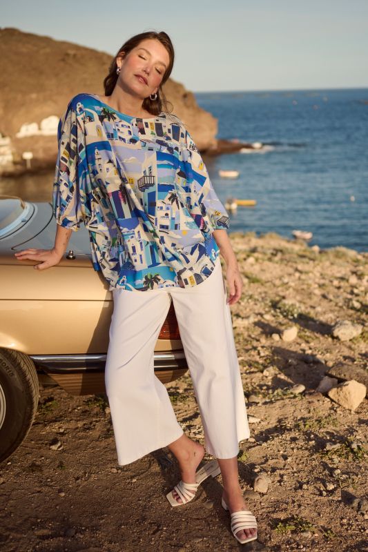 Santorini Print Boat Neck Blouse