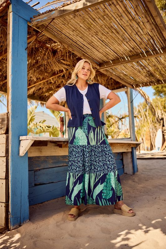 Mixed Leaf Print Elastic Waist Dress