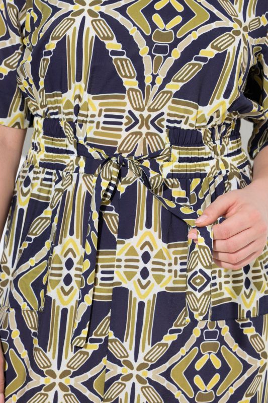 Geometric Print Elastic Waist Pocket Dress