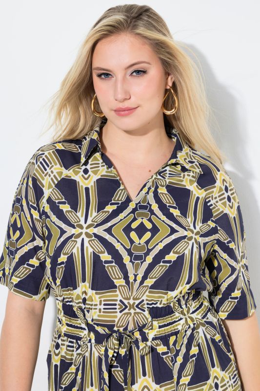 Geometric Print Elastic Waist Pocket Dress