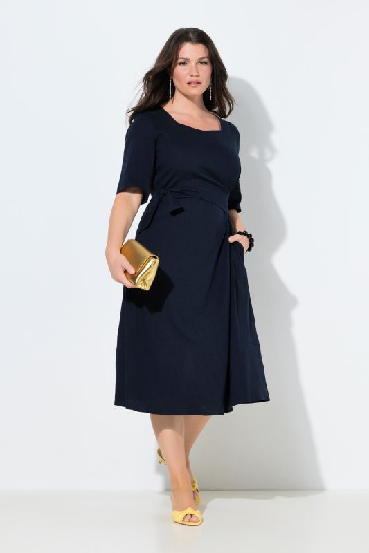 Linen Blend Wrap-Look Pocket Dress