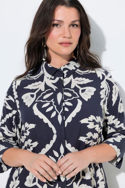 Floral Damask Print Button Down Tunic Dress