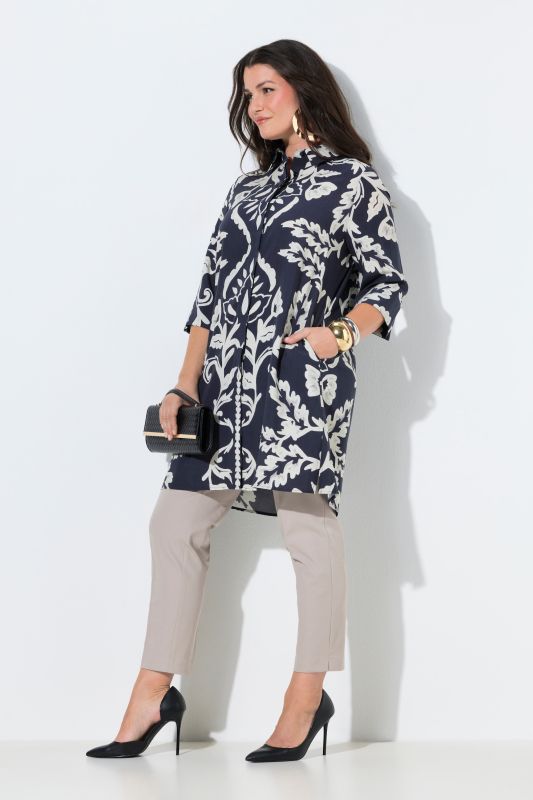 Floral Damask Print Button Down Tunic Dress