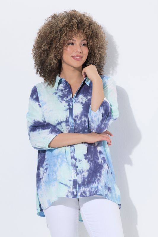 Tie-Dye Print 3/4 Sleeve Linen Blend Blouse