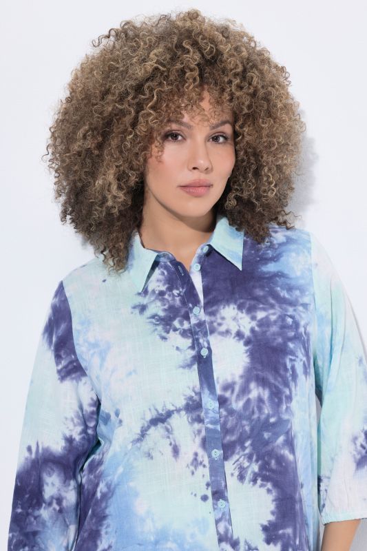 Tie-Dye Print 3/4 Sleeve Linen Blend Blouse