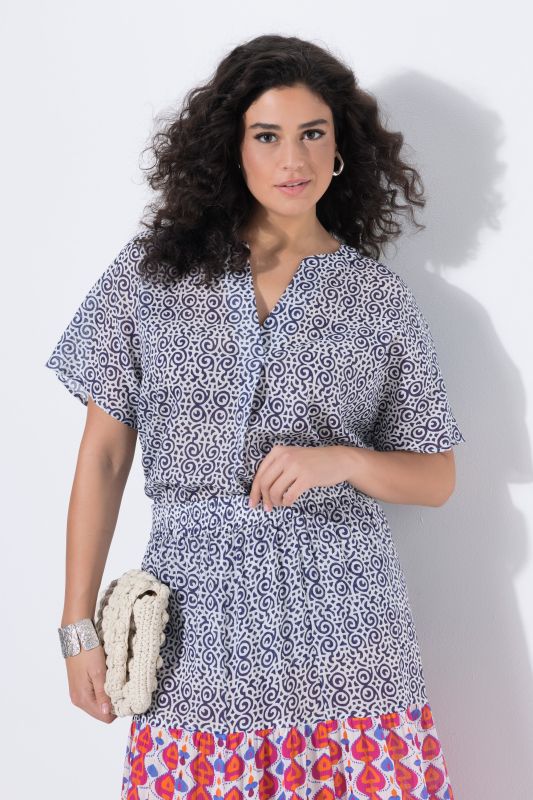 Блуза с принт и драперия на деколтето