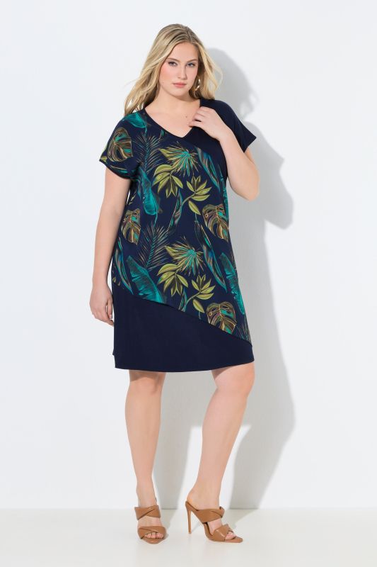 Tropical Leaf Print Chiffon Panel Dress