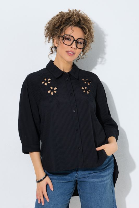 Embroidered 3/4 Sleeve Seersucker Blouse