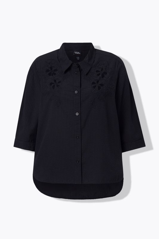 Embroidered 3/4 Sleeve Seersucker Blouse