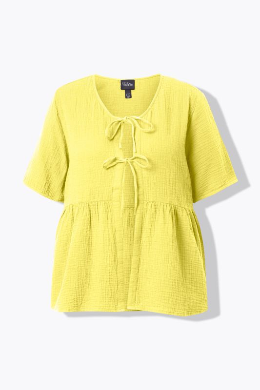 Muslin Short Sleeve Ribbon Tie Blouse
