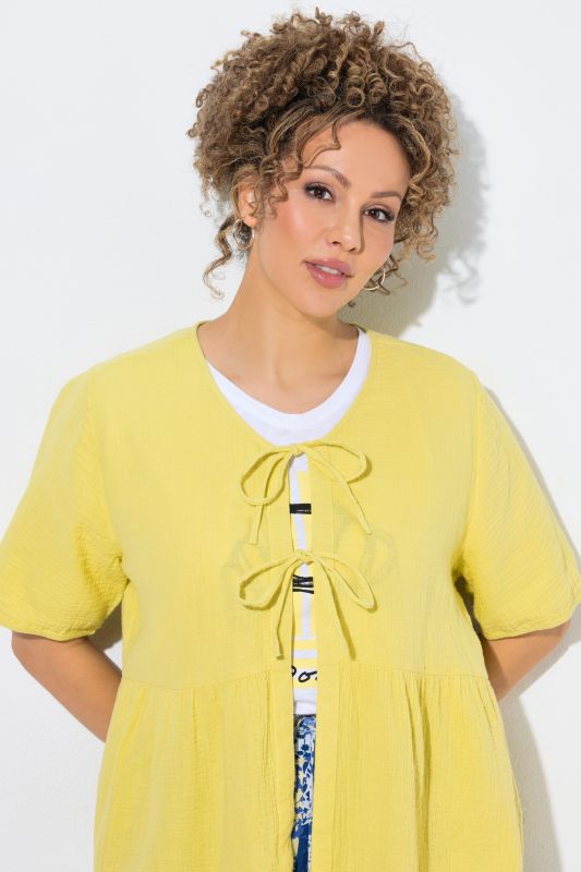 Muslin Short Sleeve Ribbon Tie Blouse