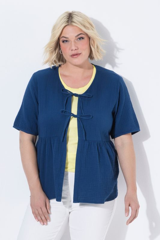 Muslin Short Sleeve Ribbon Tie Blouse